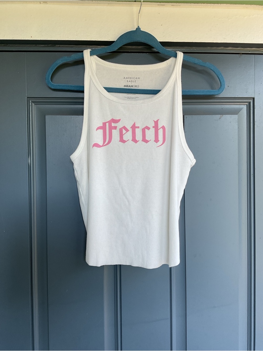 American Eagle Outfitters White Tank Top with Pink "Fetch" Graphic
